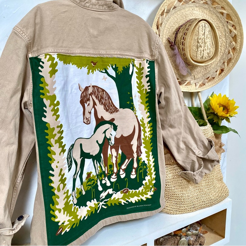 Upcycled By The Beautiful @beyoushop! Boho Western Beige Jacket with Horse Patch - Picture 3 of 14
